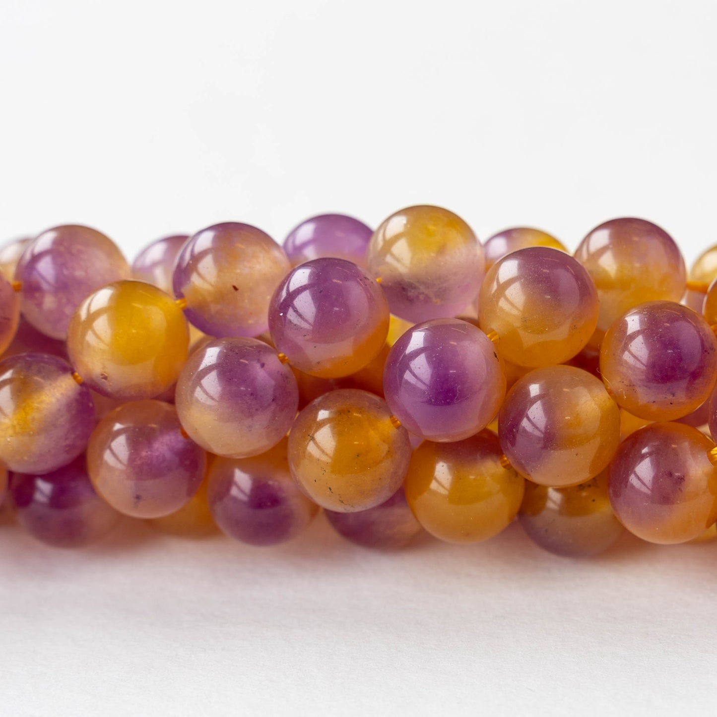 10mm Round Agate Beads - Purple and Amber - 14 inch strand - 37 beads