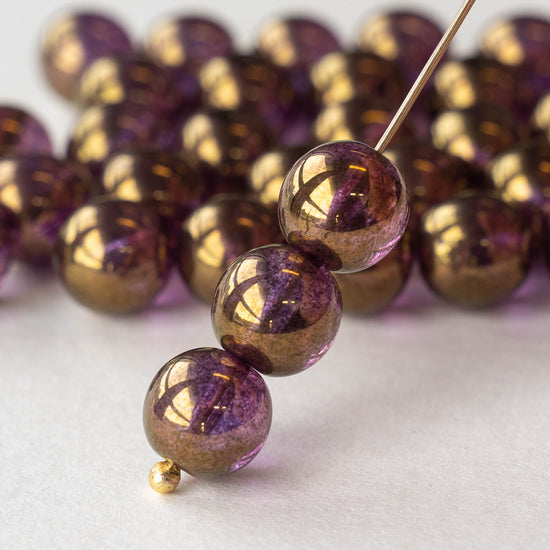 10mm Round Glass Beads - Purple Bronze Luster - 10 Beads