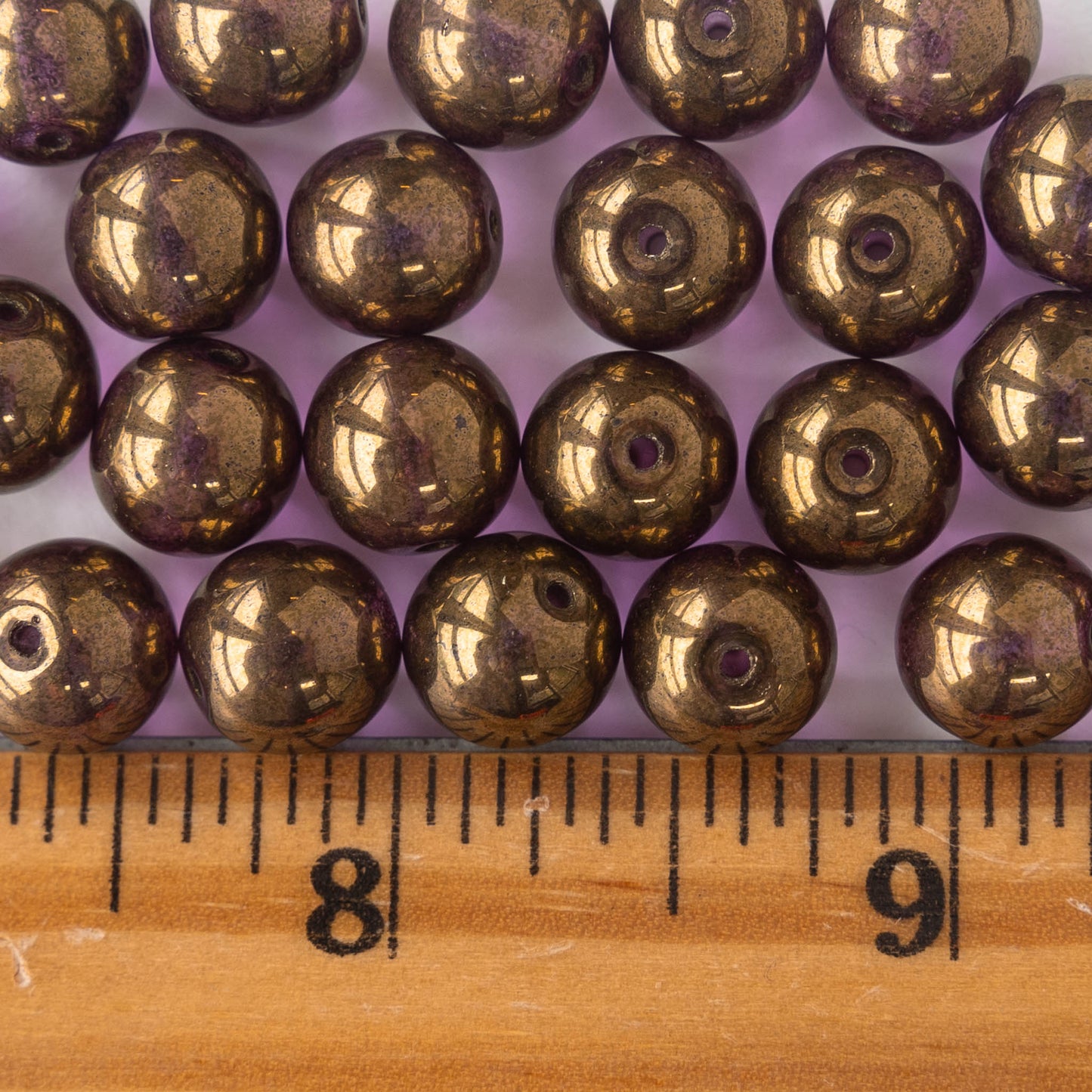 10mm Round Glass Beads - Violet Purple Gold Luster - 10 Beads