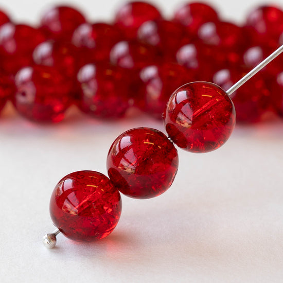 10mm Round Crackle Glass Beads - Siam Red - 12 beads