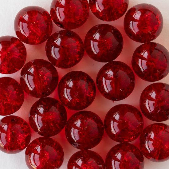 10mm Round Crackle Glass Beads - Siam Red - 12 beads