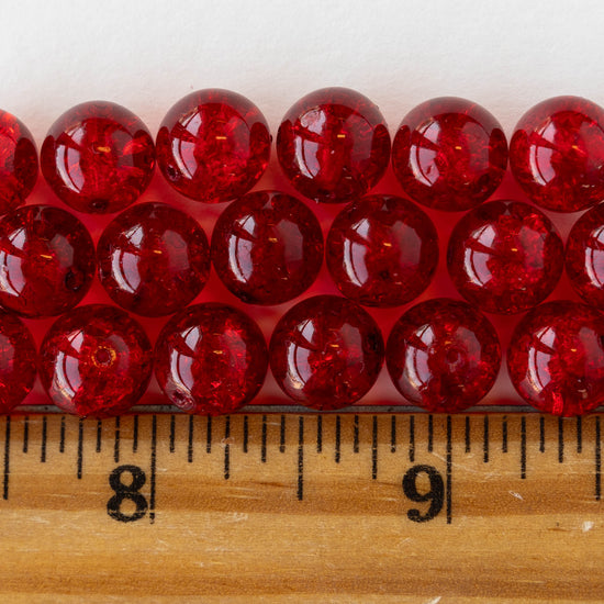 10mm Round Crackle Glass Beads - Siam Red - 12 beads