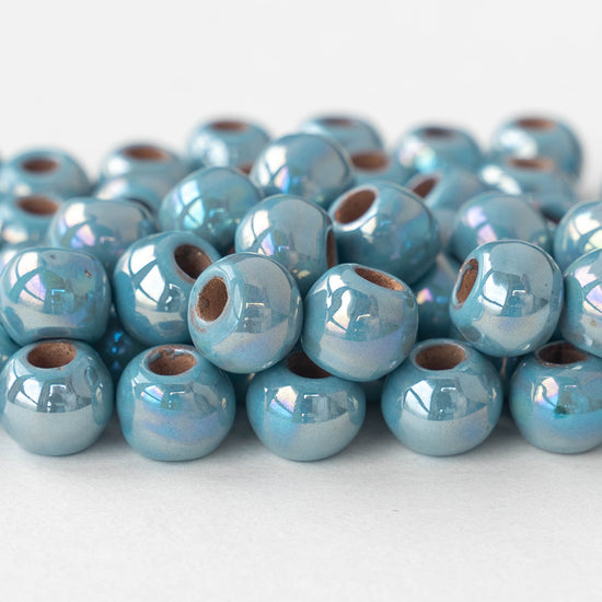 10mm Glazed Ceramic Round Beads - Iridescent Light Blue