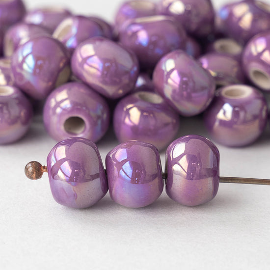 10mm Glazed Ceramic Round Beads - Iridescent Purple Passion - 6 or 18