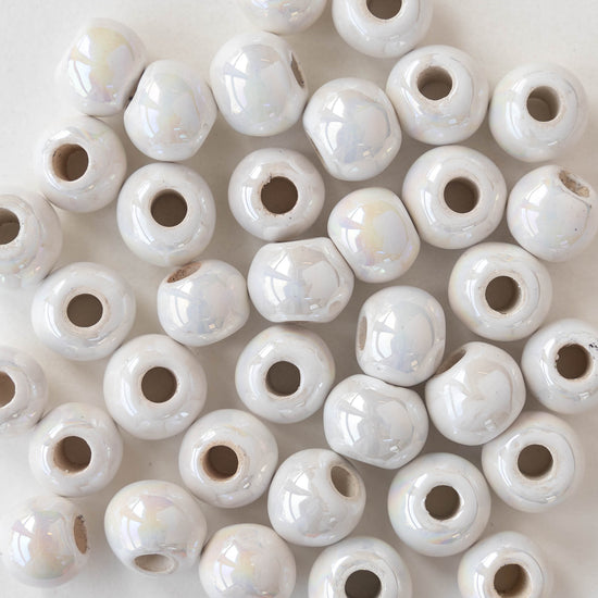 10mm Glazed Ceramic Round Beads - Iridescent Ivory Opal - 6 or 18