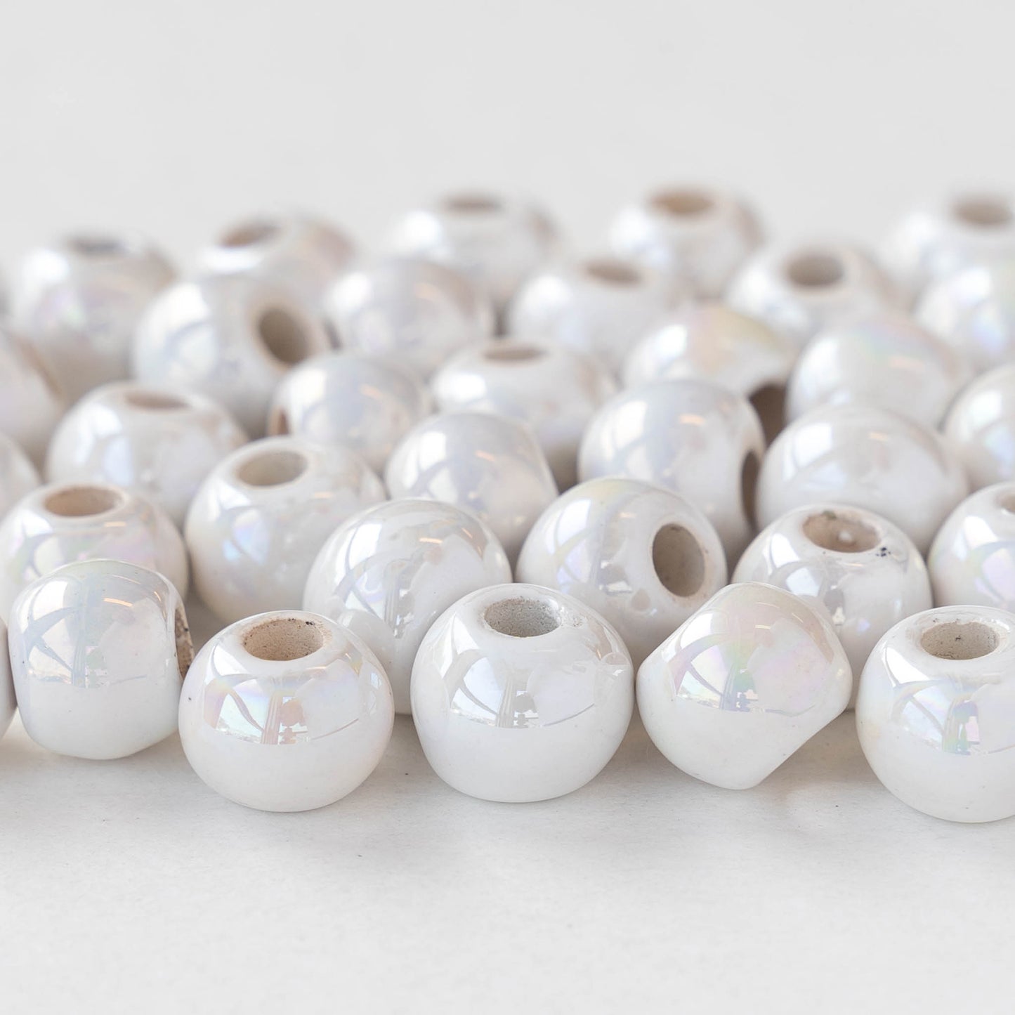 10mm Glazed Ceramic Round Beads - Iridescent Ivory Opal - 6 or 18