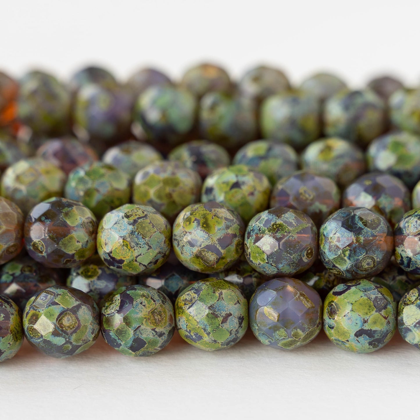 10mm Round Firepolished Glass Beads - Purple with Green Picasso - 10 beads