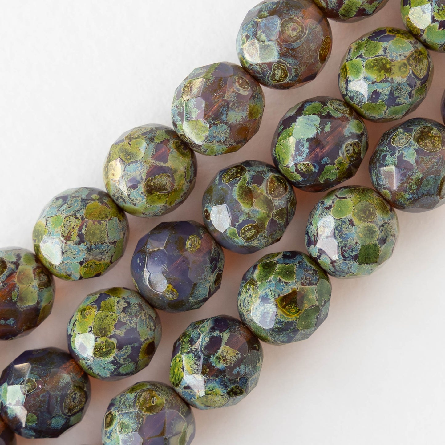 10mm Round Firepolished Glass Beads - Purple with Green Picasso - 10 beads