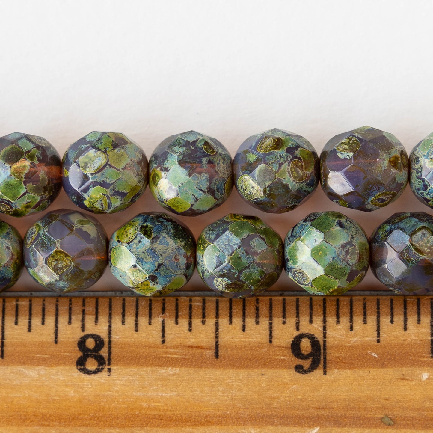 10mm Round Firepolished Glass Beads - Purple with Green Picasso - 10 beads