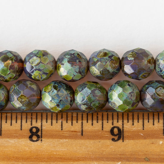 10mm Round Firepolished Glass Beads - Purple with Green Picasso - 10 beads