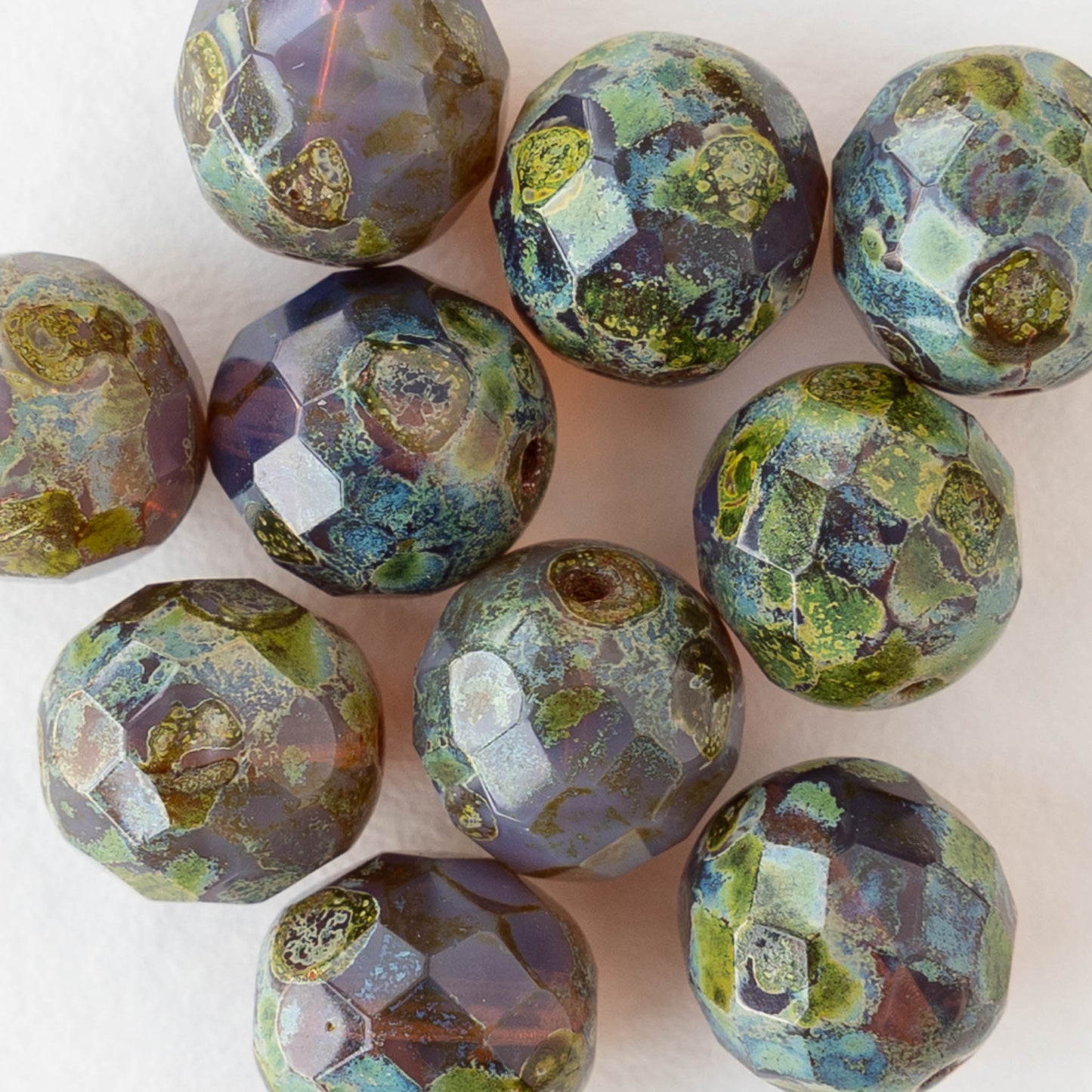 10mm Round Firepolished Glass Beads - Purple with Green Picasso - 10 beads