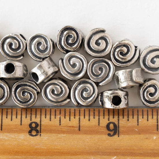 10mm Mykonos Spiral  Coin Beads - Antique Silver - 4 or 12 beads