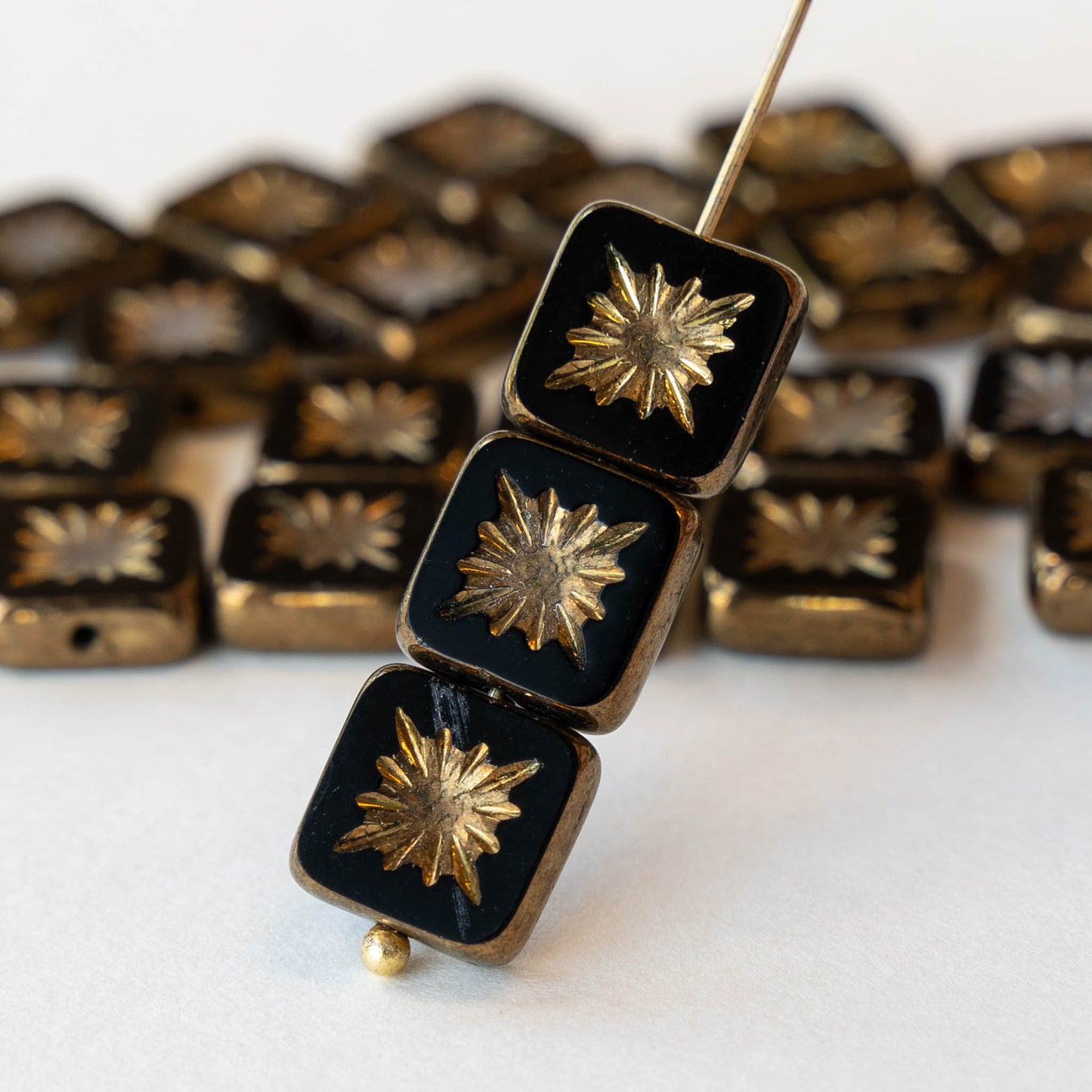 10mm Glass Tile Beads - Opaque Black with Gold Wash - 10
