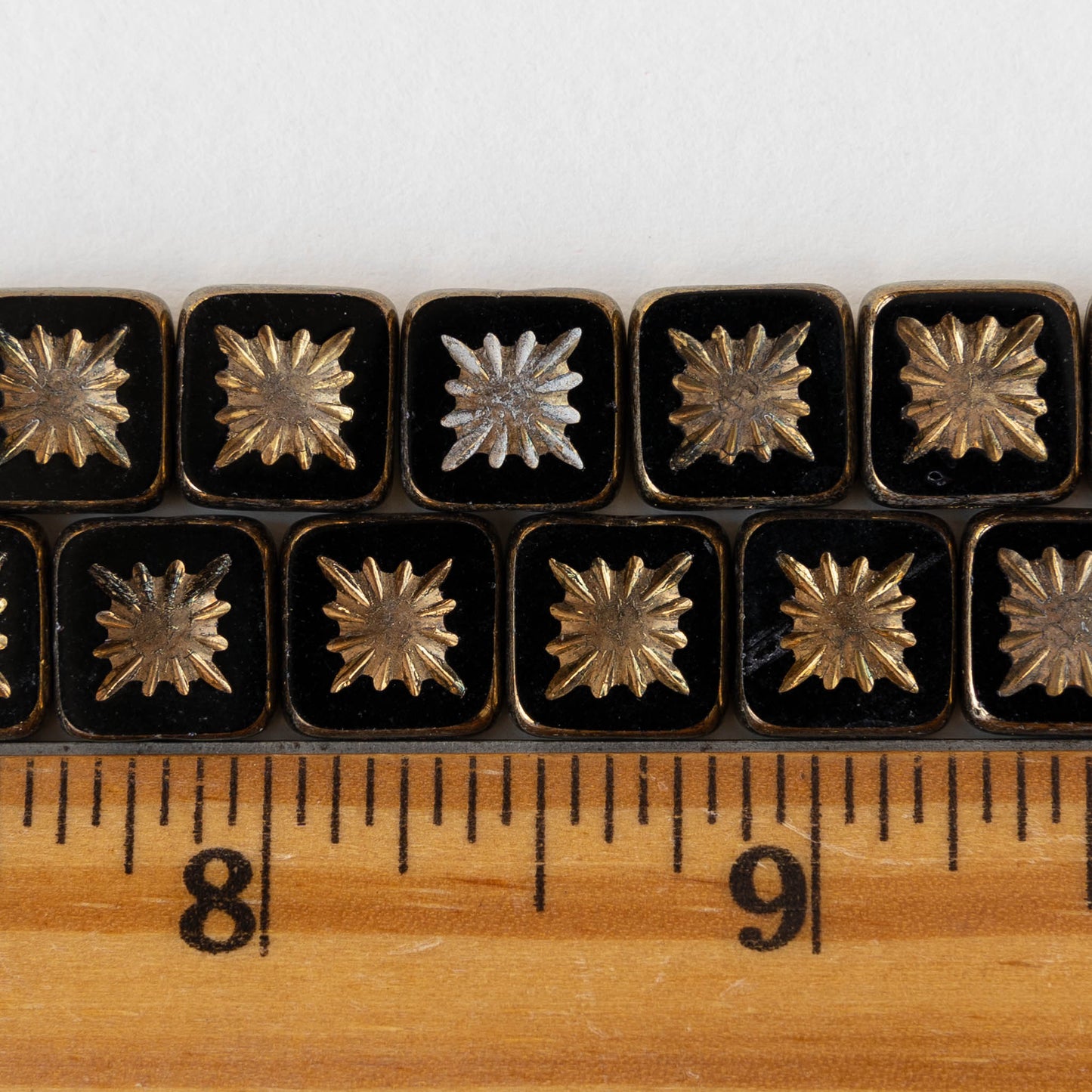 10mm Glass Tile Beads - Opaque Black with Gold Wash - 10