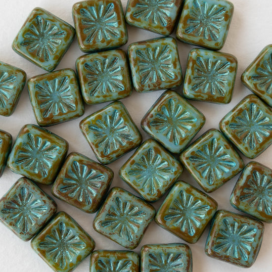 10mm Glass Tile Beads - Opaque Turquoise Picasso - 10 Beads