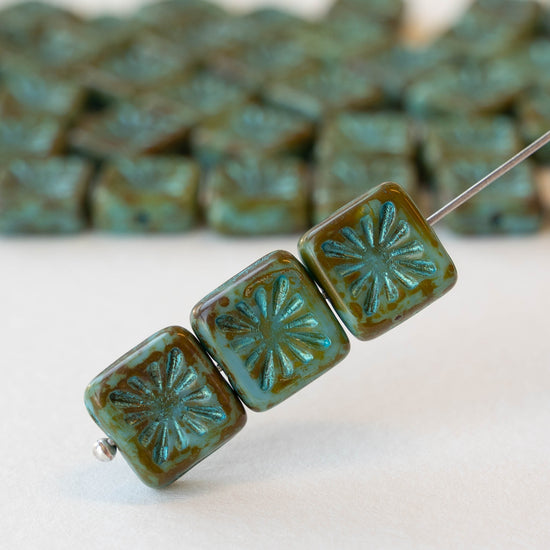 10mm Glass Tile Beads - Opaque Turquoise Picasso - 10 Beads