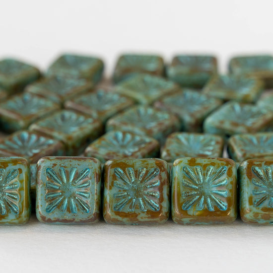 10mm Glass Tile Beads - Opaque Turquoise Picasso - 10 Beads