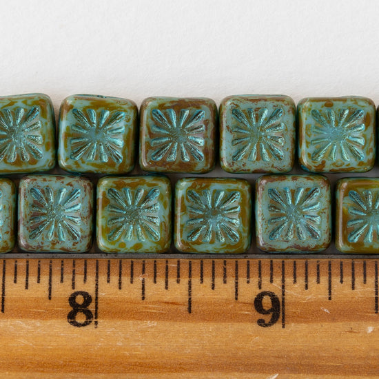 10mm Glass Tile Beads - Opaque Turquoise Picasso - 10 Beads