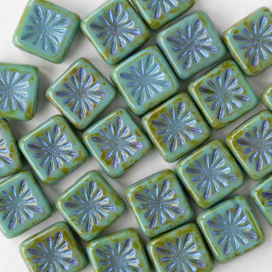 10mm Glass Tile Beads - Opaque Turquoise Picasso with Blue Wash - 10 Beads