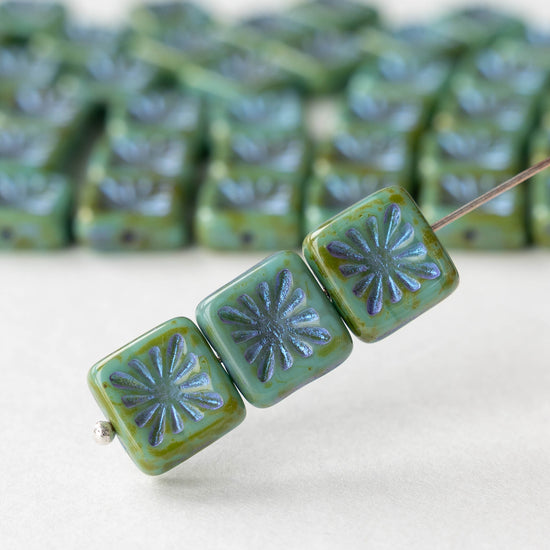 10mm Glass Tile Beads - Opaque Turquoise Picasso with Blue Wash - 10 Beads