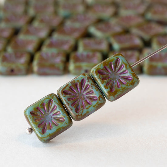 10mm Glass Tile Beads - Opaque Turquoise Picasso with Purple Wash - 10 Beads