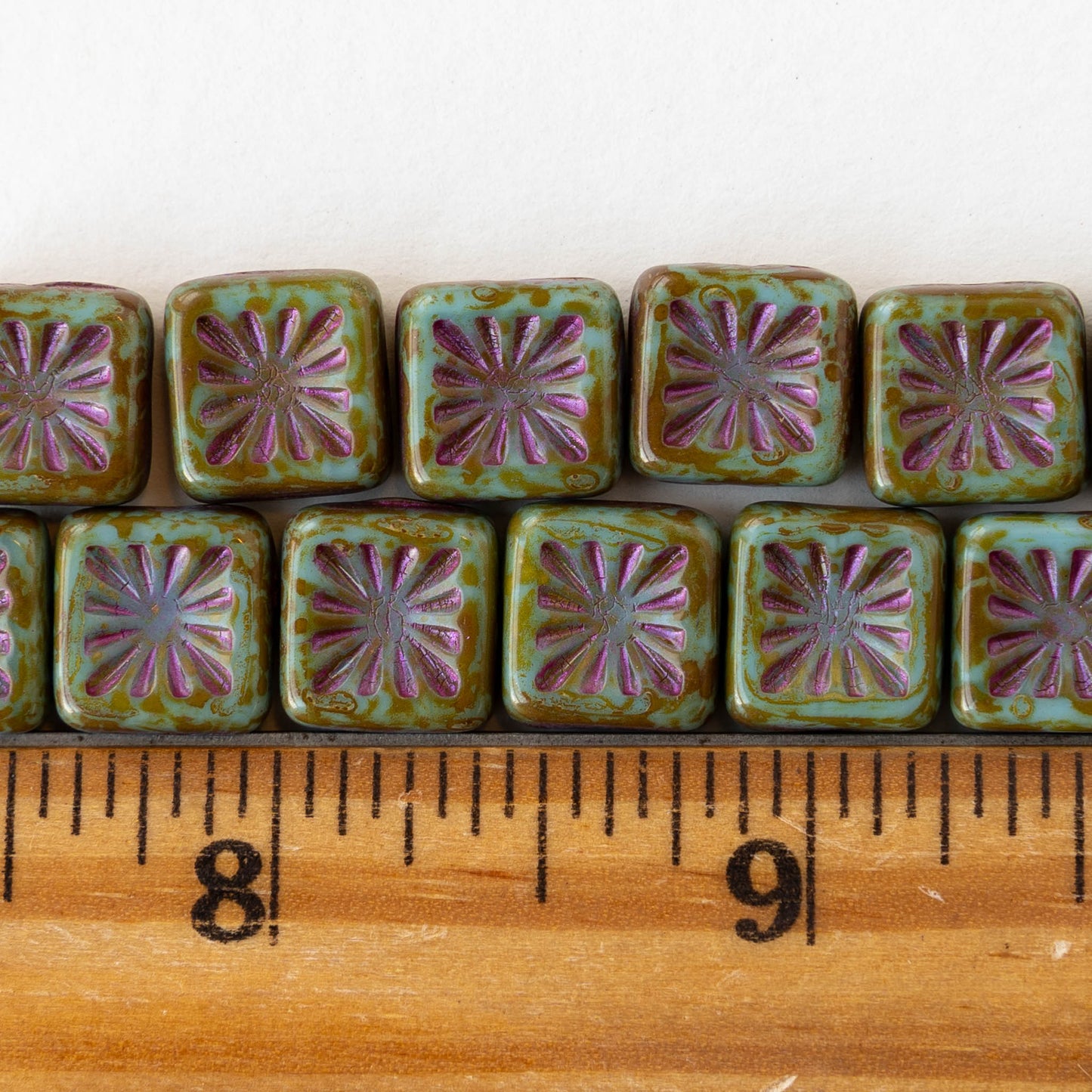 10mm Glass Tile Beads - Opaque Turquoise Picasso with Purple Wash - 10 Beads