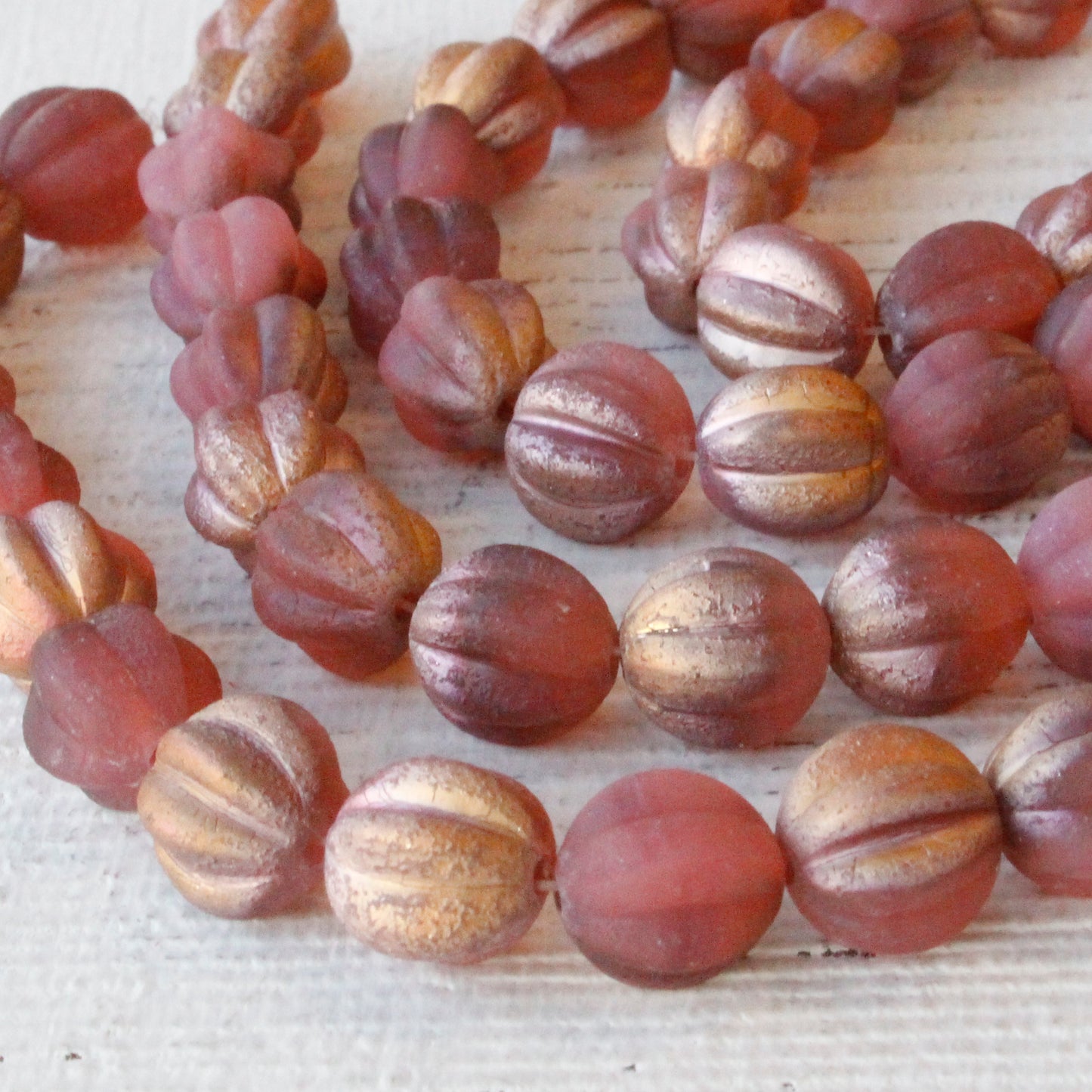 10mm Melon Bead - Etched Matte Dusty Rose with Copper - 15 Beads