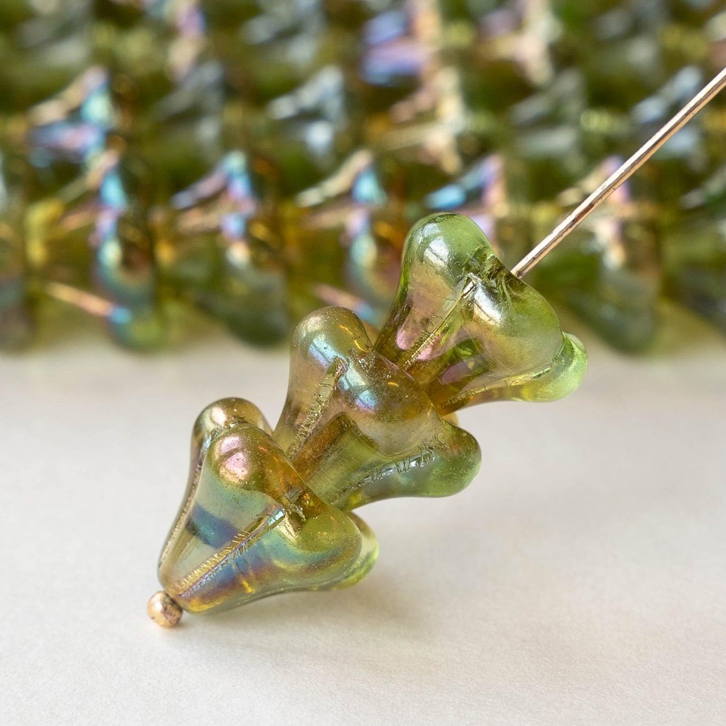 Load image into Gallery viewer, 10x12mm Trumpet Flower Beads - Peridot Green Celsian - 10 beads
