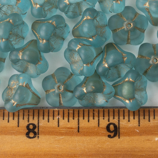 Load image into Gallery viewer, 10x12mm Trumpet Flower Beads - Matte Seafoam with Gold - 10 beads
