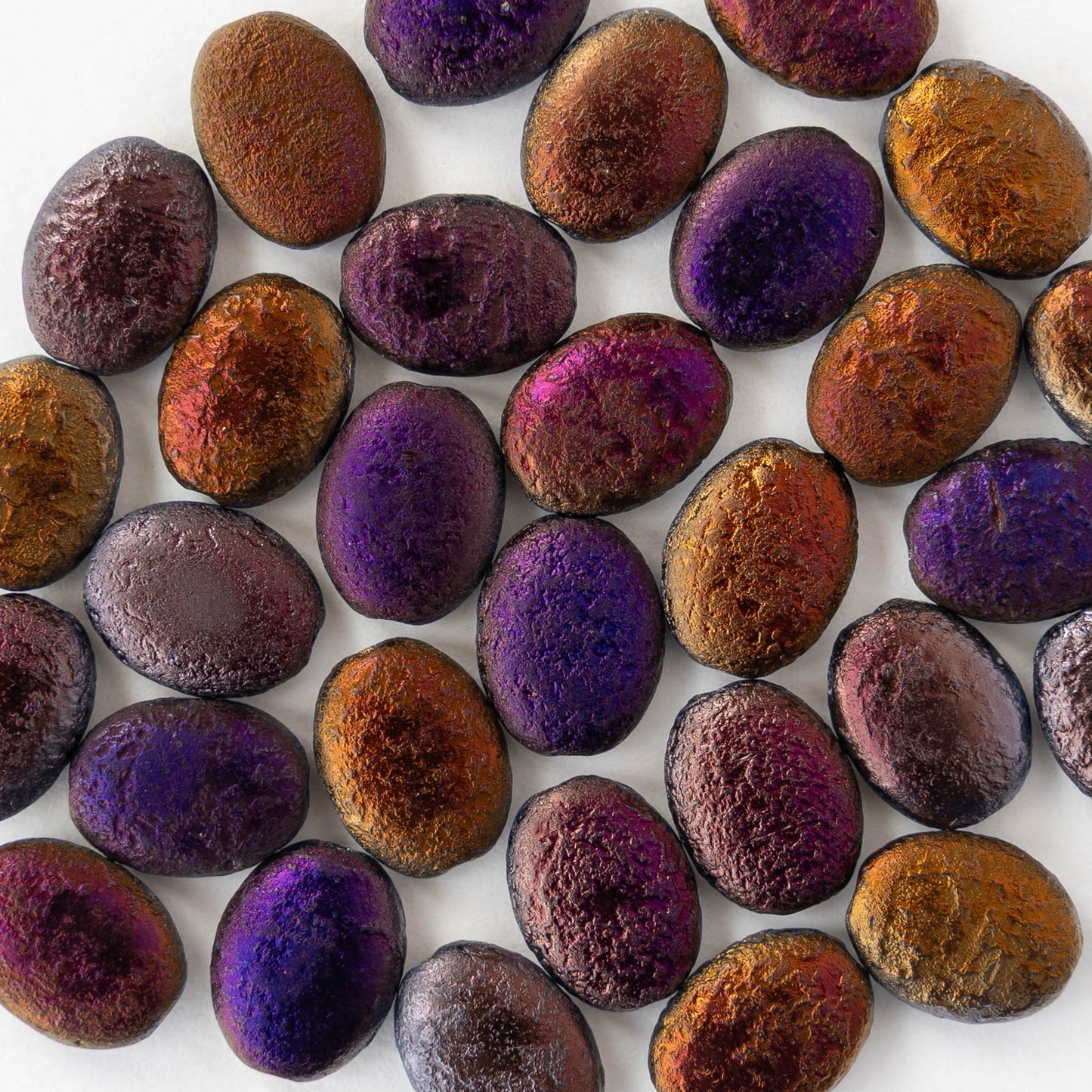 10x12mm Glass Oval Coin Beads - Etched Purple Iris - 10 or 30 beads