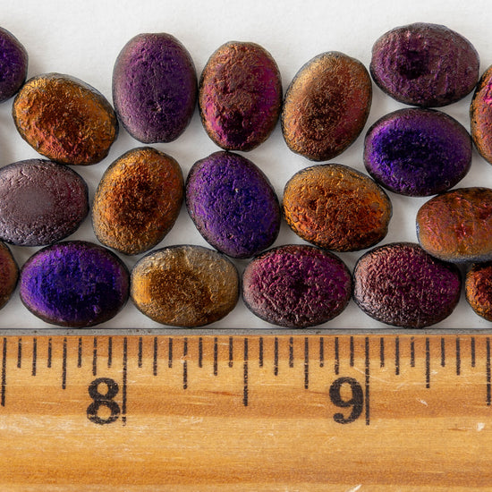 10x12mm Glass Oval Coin Beads - Etched Purple Iris - 10 or 30 beads