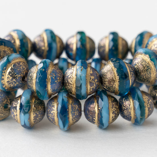 10x12mm Saturn Beads - Teal and Sky Blue with Bronze and Gold Etched - 6 Beads