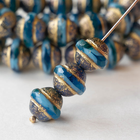 Load image into Gallery viewer, 10x12mm Saturn Beads - Teal and Sky Blue with Bronze and Gold Etched - 6 Beads
