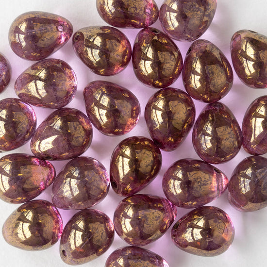 10x14mm Glass Teardrop Beads - Amethyst Gold Luster - 12 beads