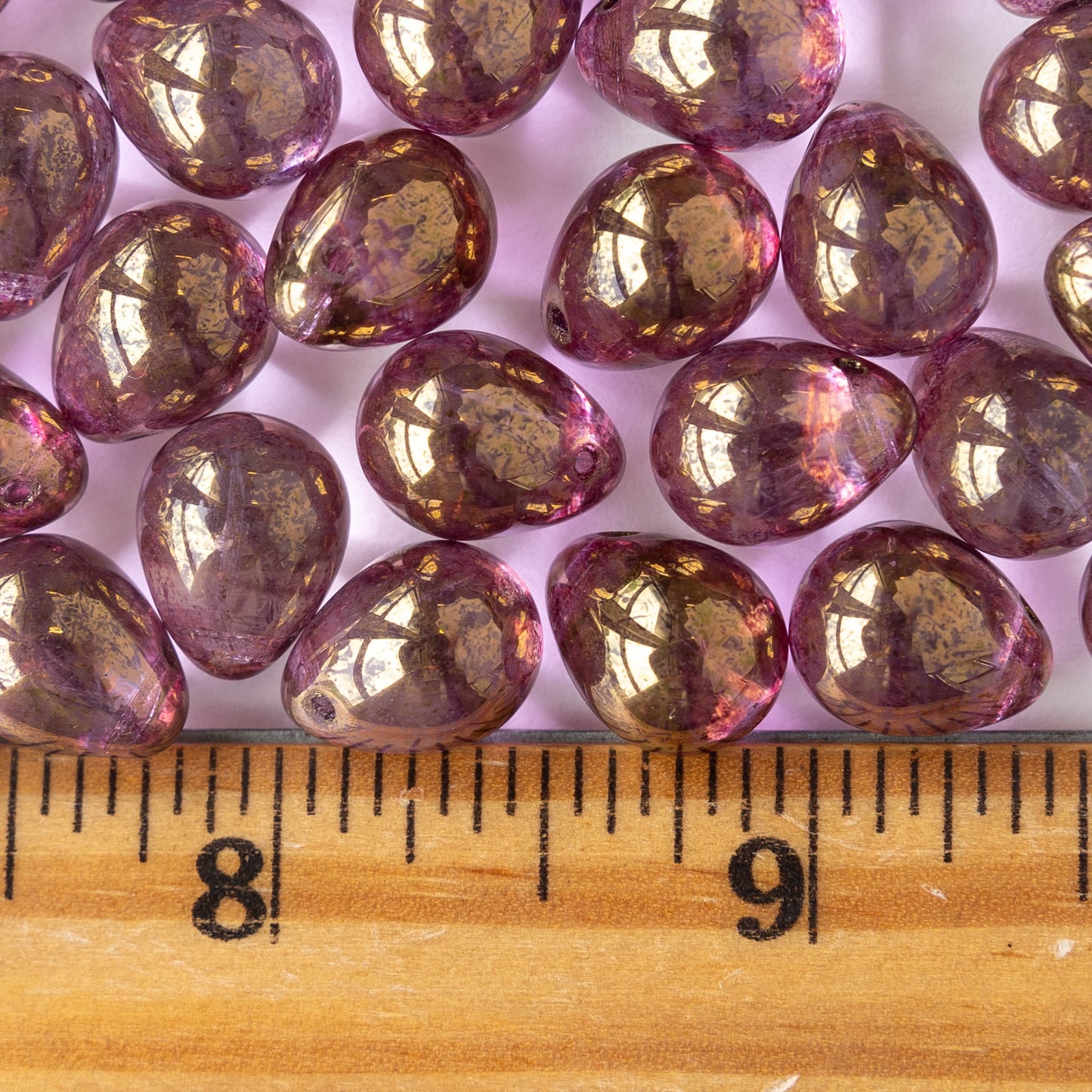 10x14mm Glass Teardrop Beads - Amethyst Gold Luster - 12 beads