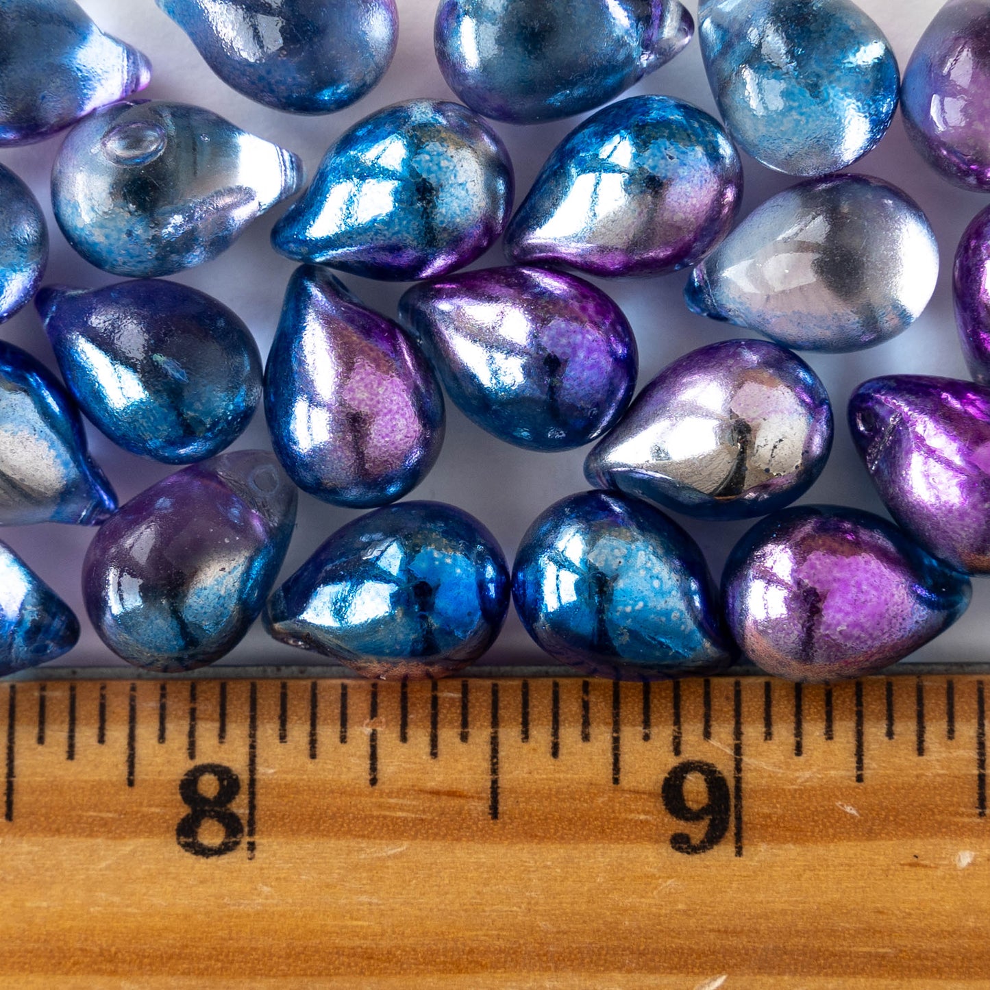 10x14mm Glass Teardrop Beads - Blue Purple Silver Mix - 12 beads