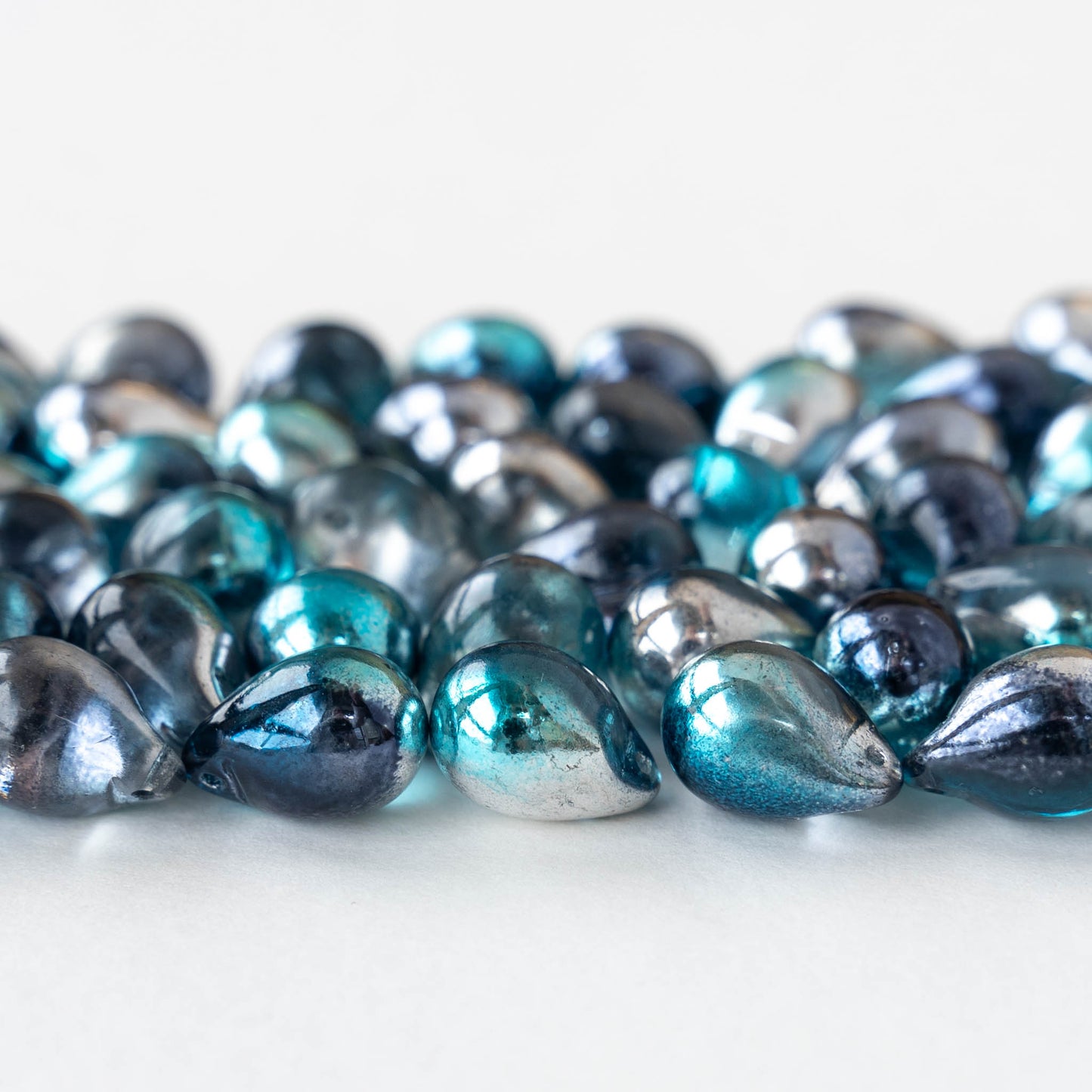 10x14mm Glass Teardrop Beads - Blue Silver Mix - 12 beads