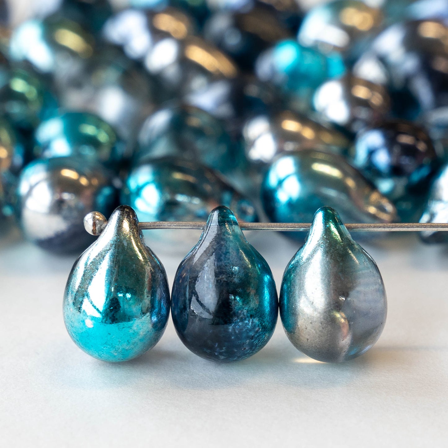 10x14mm Glass Teardrop Beads - Blue Silver Mix - 12 beads