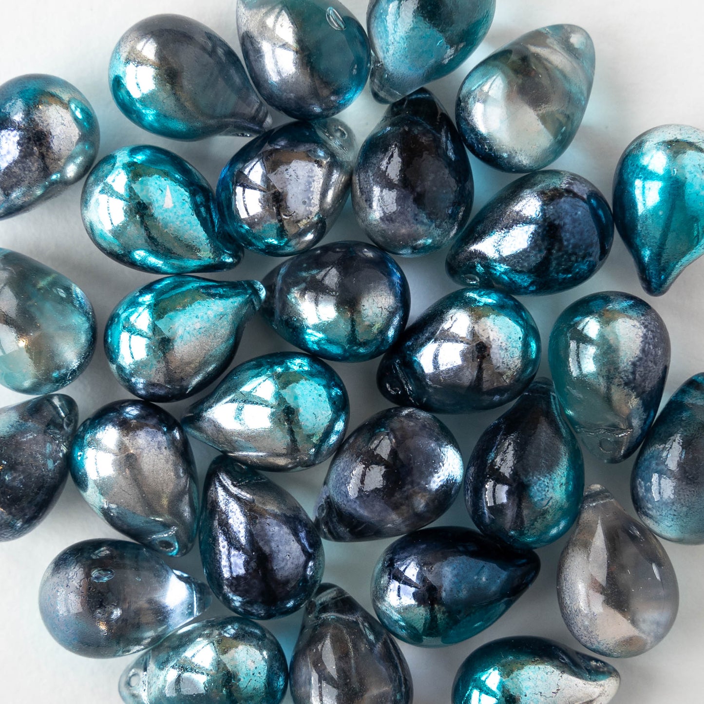 10x14mm Glass Teardrop Beads - Blue Silver Mix - 12 beads