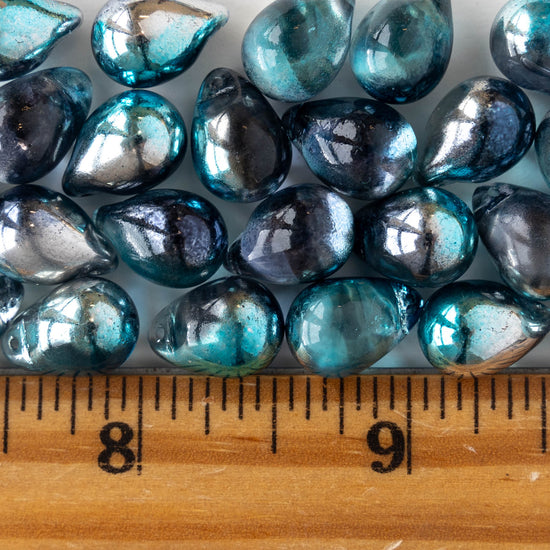 10x14mm Glass Teardrop Beads - Blue Silver Mix - 12 beads