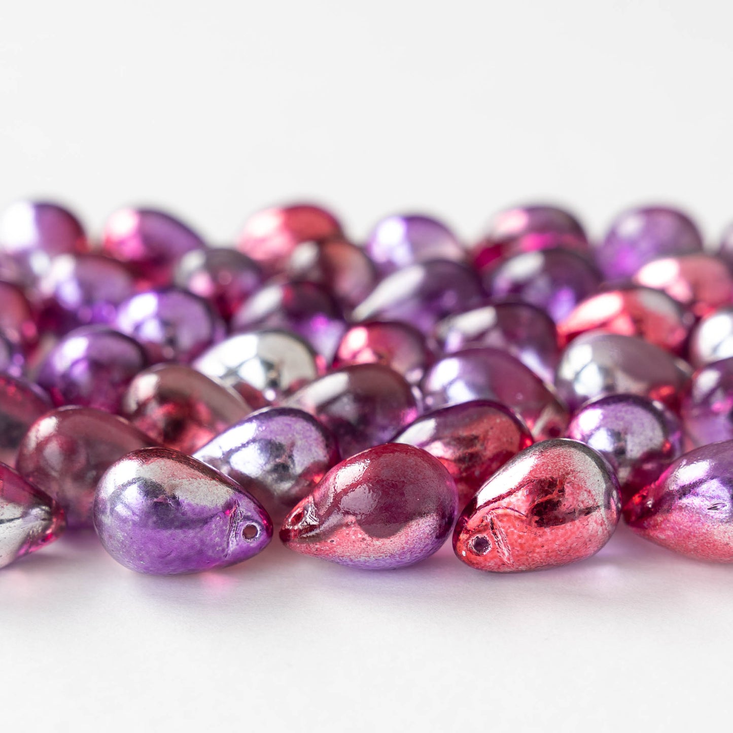 10x14mm Glass Teardrop Beads - Pink Purple Silver Mix - 12 beads