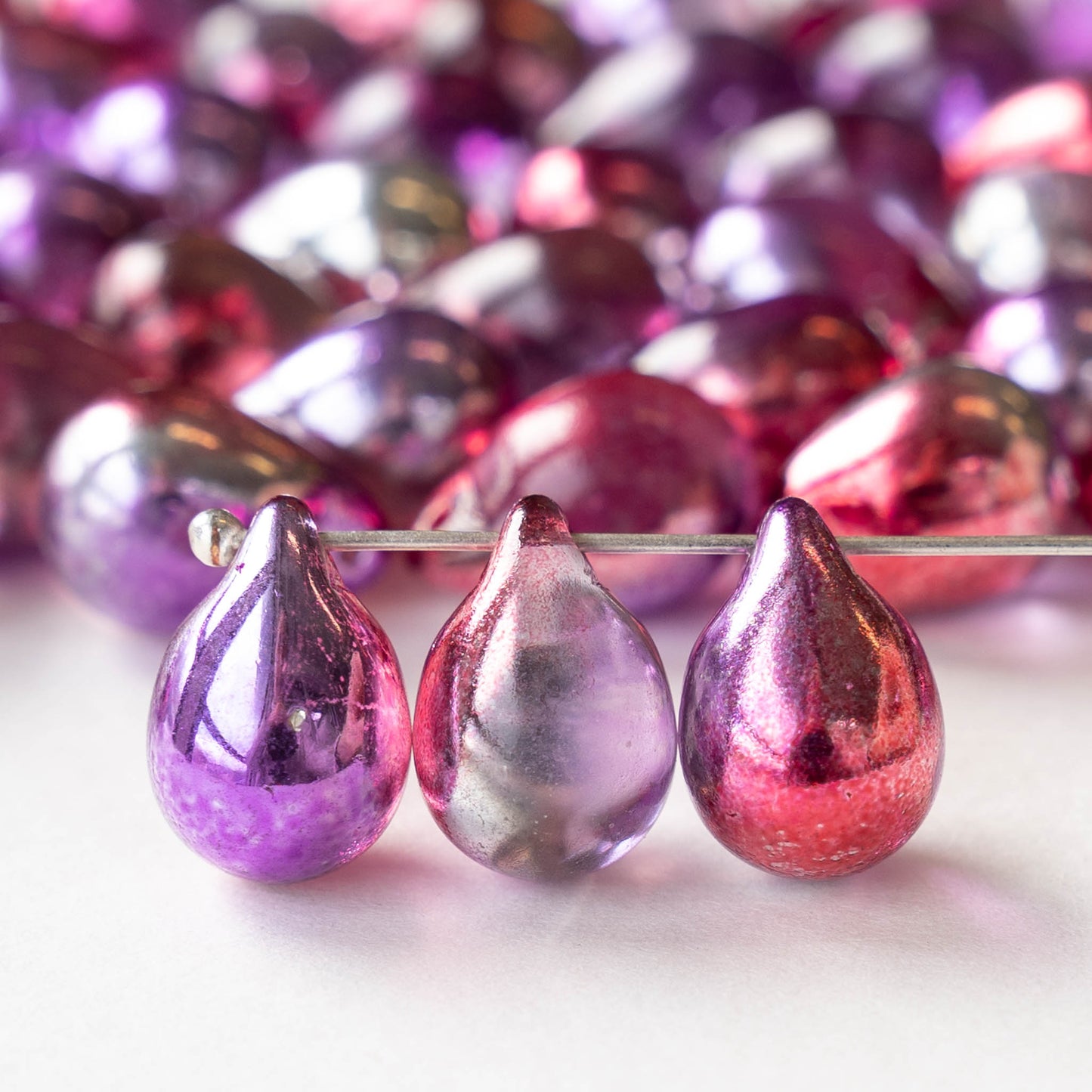 10x14mm Glass Teardrop Beads - Pink Purple Silver Mix - 12 beads