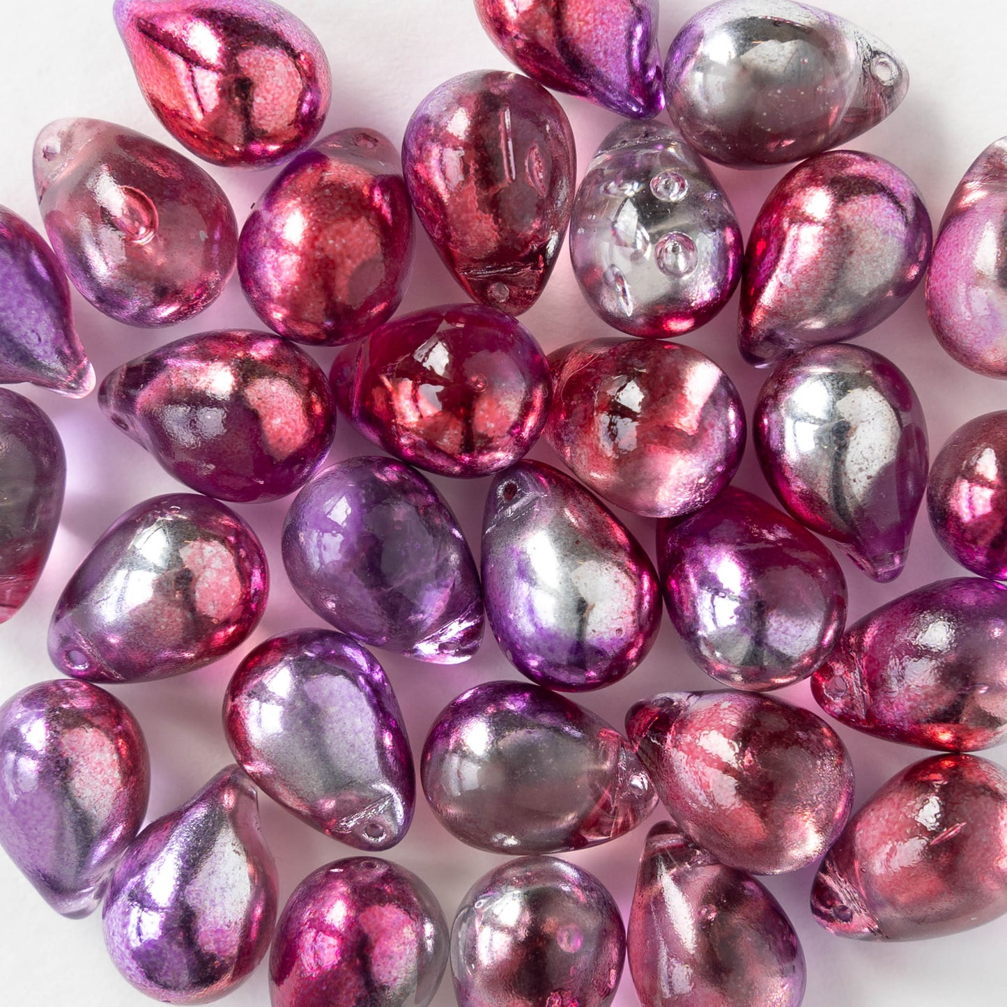 10x14mm Glass Teardrop Beads - Pink Purple Silver Mix - 12 beads