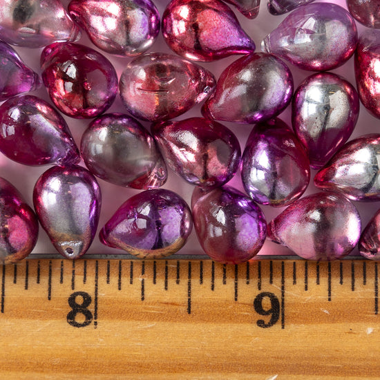 10x14mm Glass Teardrop Beads - Pink Purple Silver Mix - 12 beads