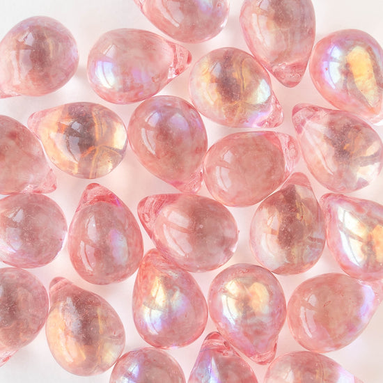 10x13mm Glass Teardrop Beads - Speckled Pink AB - 10 Beads