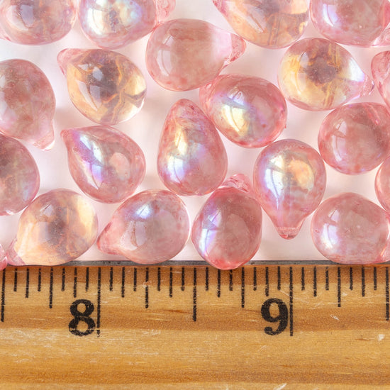 10x13mm Glass Teardrop Beads - Speckled Pink AB - 10 Beads