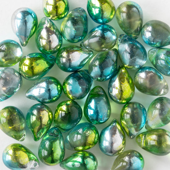 10x14mm Glass Teardrop Beads - Green Teal Silver Mix - 12 beads