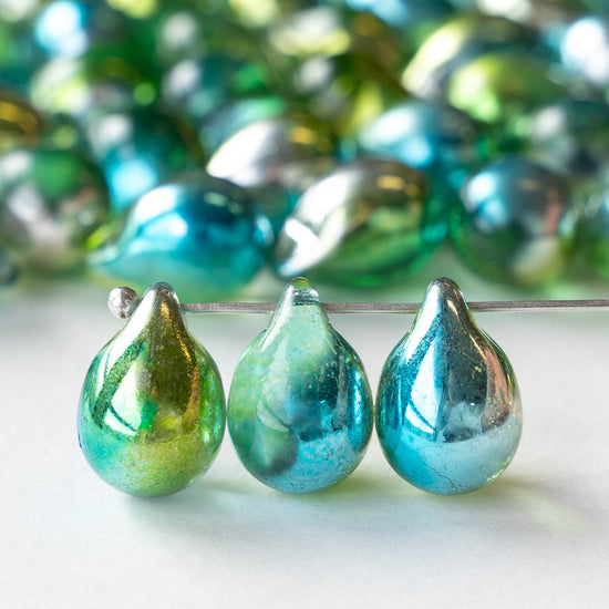 10x14mm Glass Teardrop Beads - Green Teal Silver Mix - 12 beads