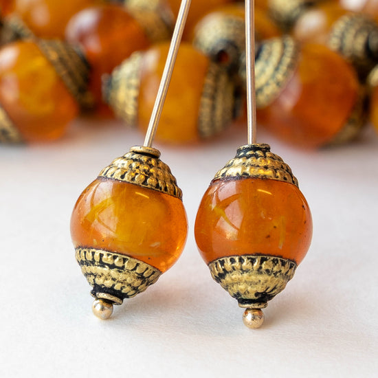 10x14mm Capped Rounds Resin Beads - Orange with Brass Accents - 2 beads