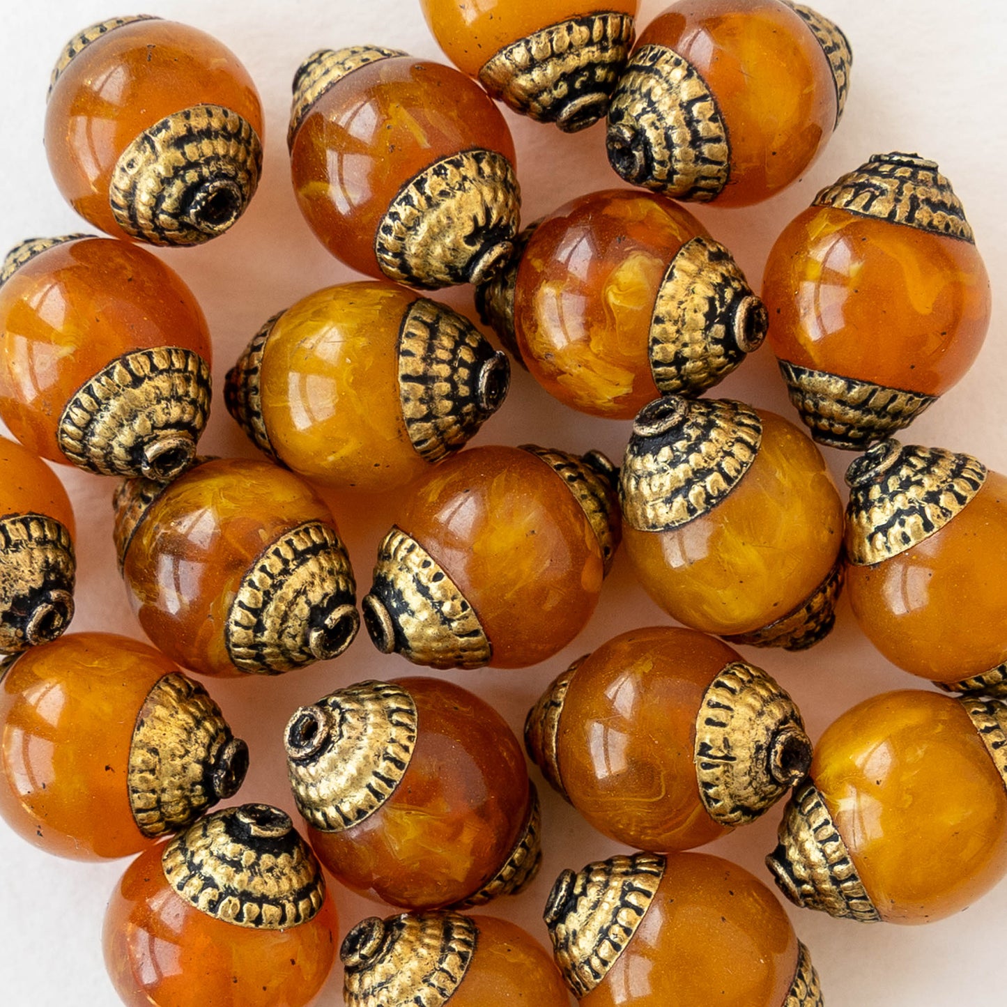 10x14mm Capped Rounds Resin Beads - Orange with Brass Accents - 2 beads